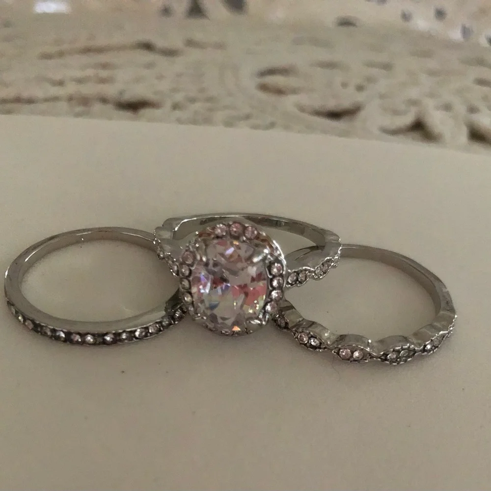 NWT Silver-Tone Clear Crystal Statement Ring Set